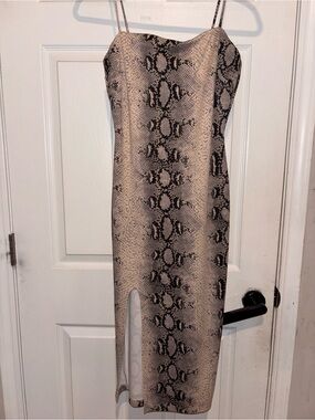 privy Beige and Black Snake-Print Midi Dress with Spaghetti Straps